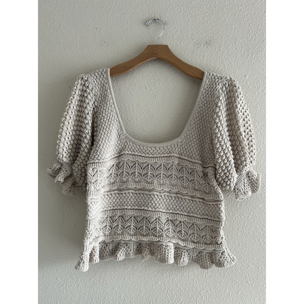 BiBi Crochet Knit Top Beige Women's XL Puff Sleeve Cottagecore Boho Romantic